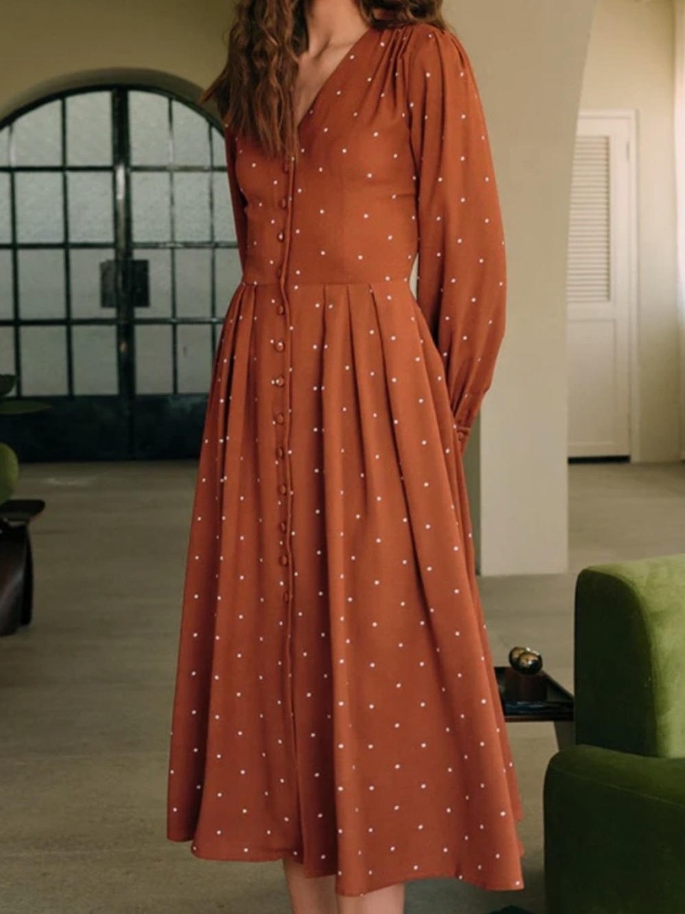 Rihoas Rust Polka Dot Button-Front Midi Dress